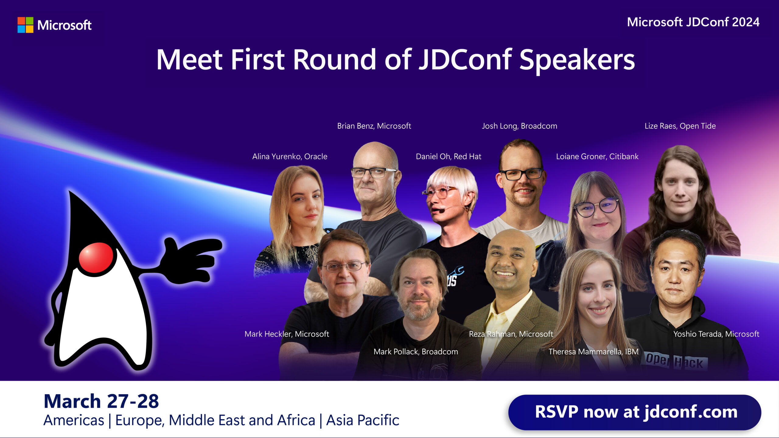 Promotional banner for Microsoft JDConf 2024 reading 'Meet First Round of JDConf Speakers' with multiple speaker headshots on a purple gradient background.