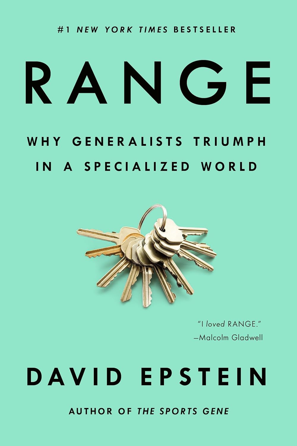 Book cover for 'Range: Why Generalists Triumph in a Specialized World' with a ring of keys on a mint background, by David Epstein.