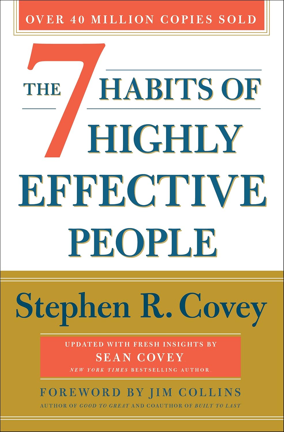Book cover: 'The 7 Habits of Highly Effective People' by Stephen R. Covey, teal title on white with orange and gold design elements.