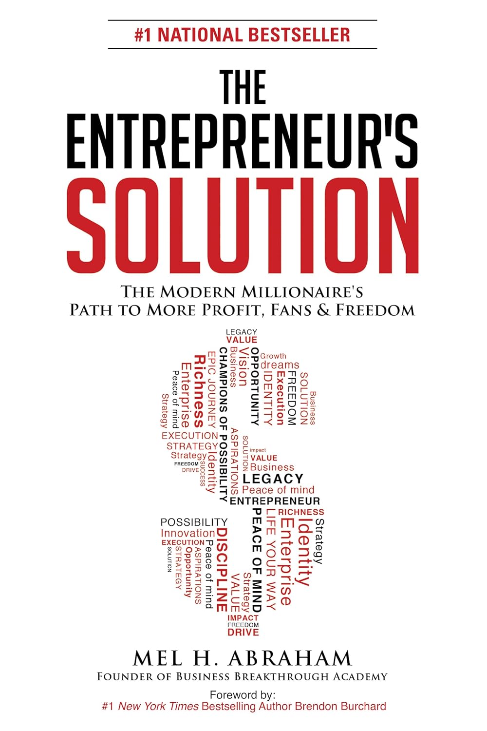 Book cover for The Entrepreneur's Solution by Mel H. Abraham; bold title, subtitle, and a red/black word-cloud figure forming a person beneath.