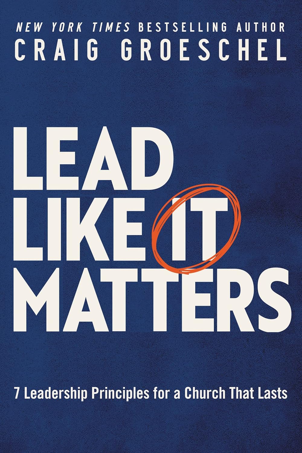 Book cover: blue background, bold white title 'Lead Like It Matters' with an orange ring around 'IT', subtitle about leadership principles.