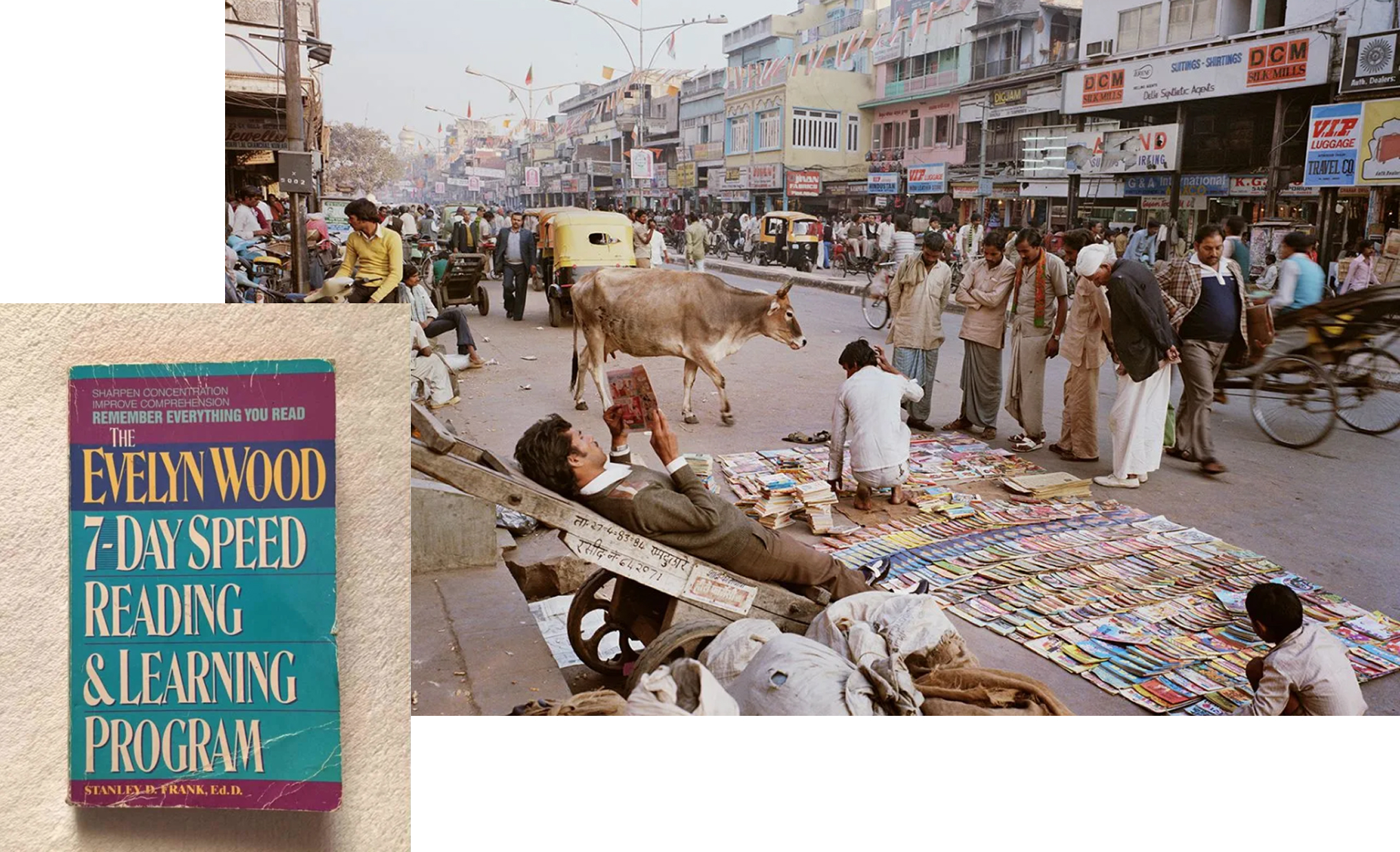 Busy Indian street market with a cow walking among pedestrians, book stalls spread on the ground, and colorful storefronts in the background