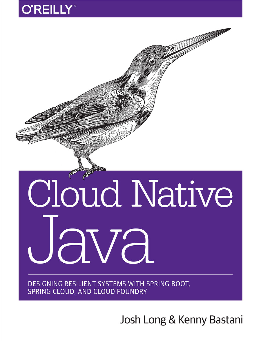 O'Reilly book cover for Cloud Native Java, featuring a detailed bird illustration above a purple title block reading 'Cloud Native Java' by Josh Long and Kenny Bastani.