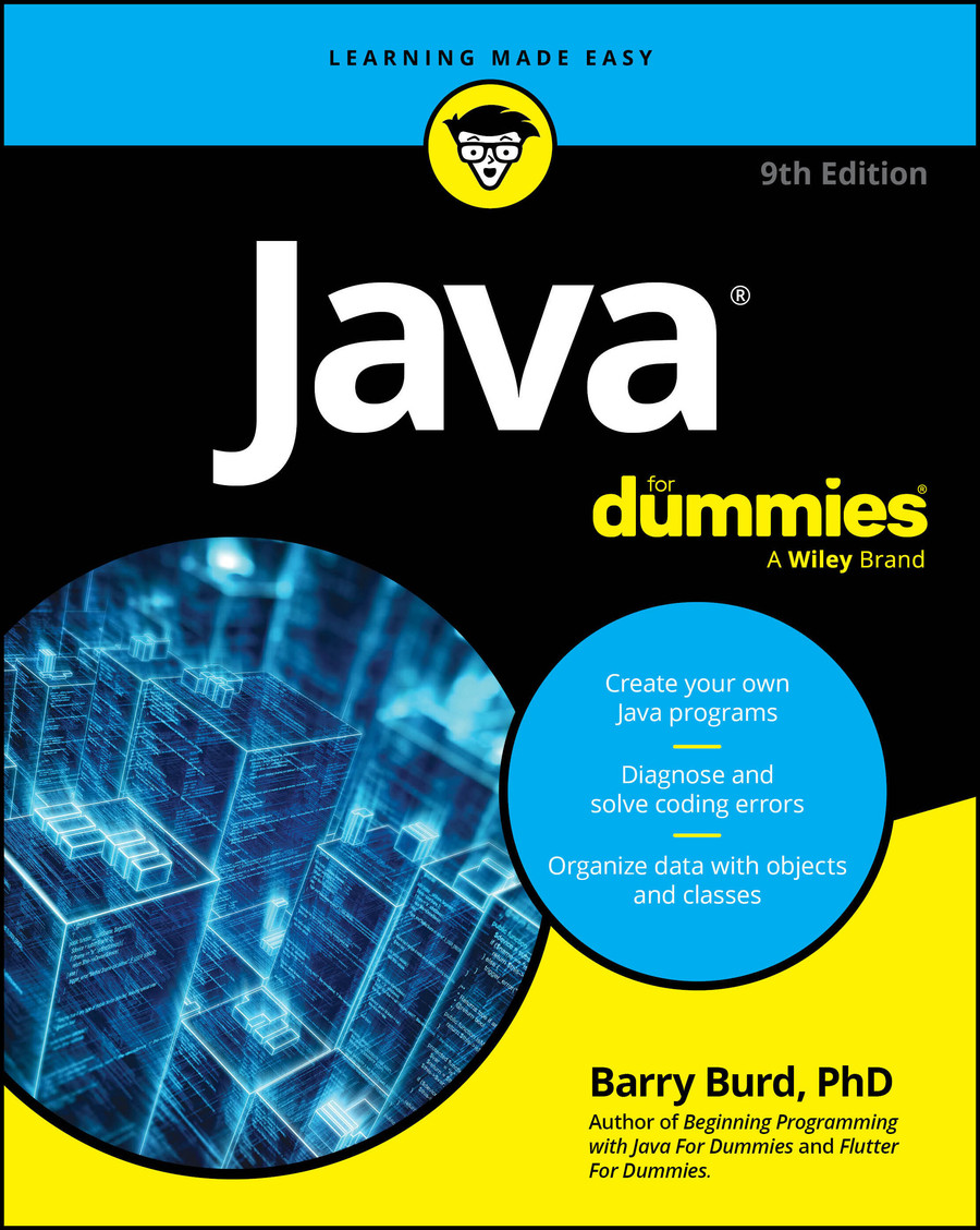 Book cover: Java for Dummies, 9th edition, with large white 'Java' title on black background and a blue circle listing topics, plus yellow accent at bottom.