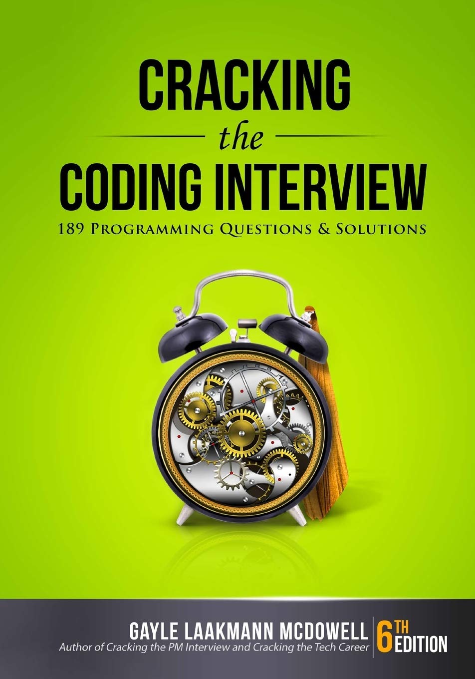 Book cover: 'Cracking the Coding Interview' with lime green background and a mechanical clock gears illustration; subtitle '189 Programming Questions & Solutions'.