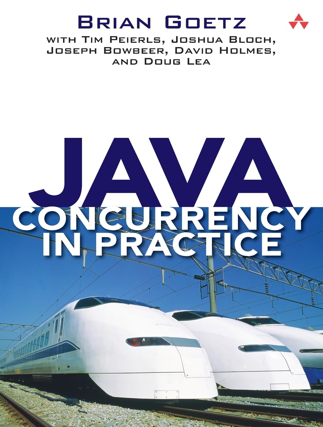 Book cover for Java Concurrency in Practice by Brian Goetz and co-authors, with large 'JAVA' text and trains image below.