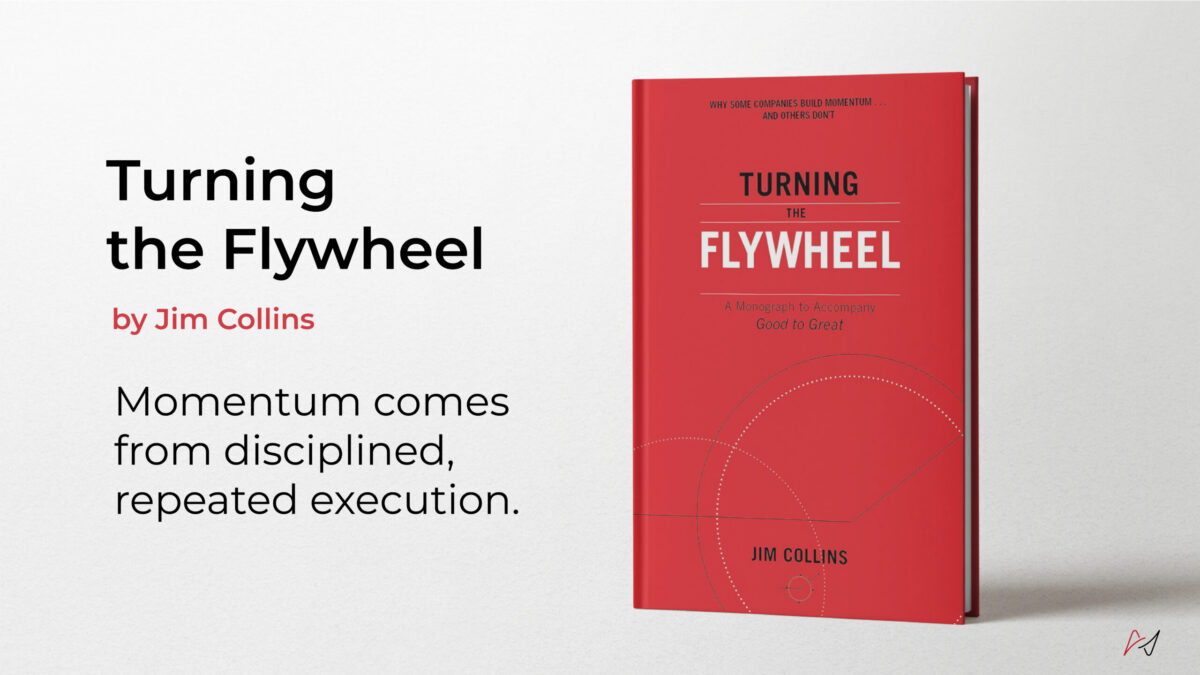 Hero image promoting the book Turning the Flywheel by Jim Collins, with a large title on the left and a red book cover on the right.”